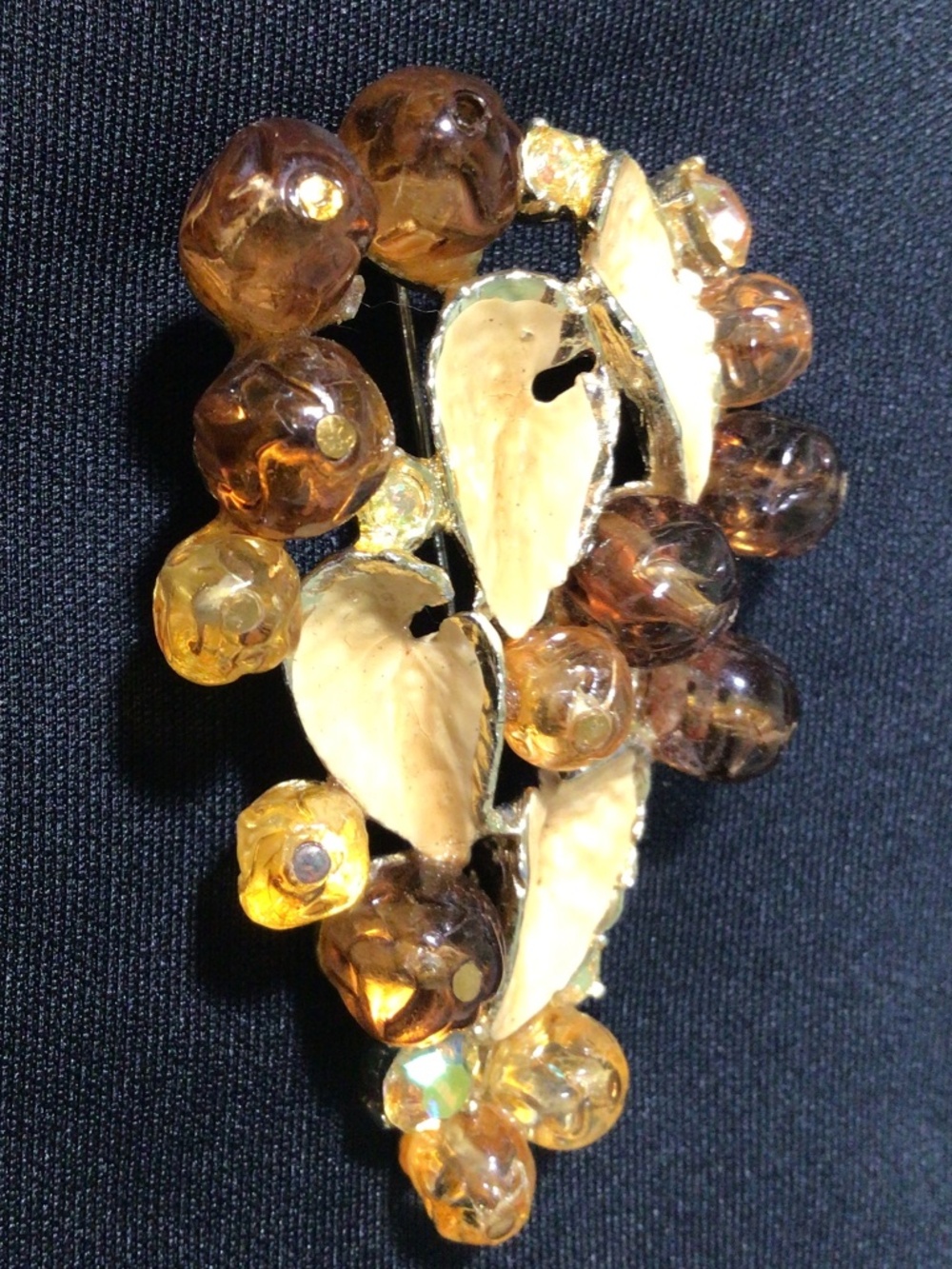Vintage 50s Enamel Leaf Grape Style Brooch with Crystals & Aurora Borealis